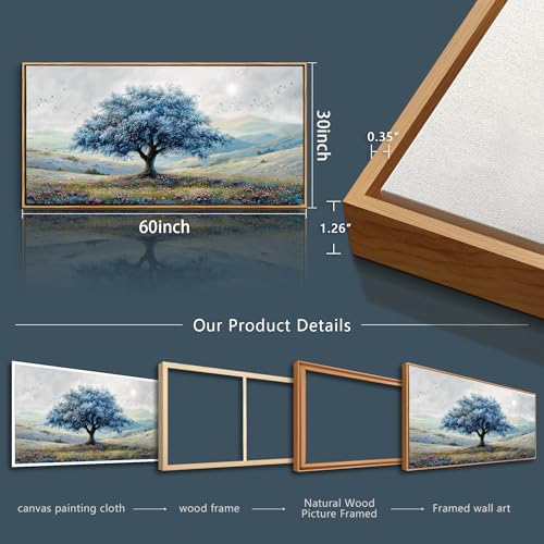 Wood Framed Canvas Wall Art For Living Room Large Wall Decor For Office Bedroom Decorations Blue Tree Landscape Pictures Farmhouse Paintings Artwork Wall Mural Modern Home Decor 30x60 In