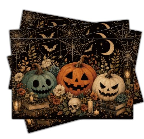 Halloween Placemats Set of 4 Botanical Pumpkin Linen Mats Floral 18x12 (4 Count)