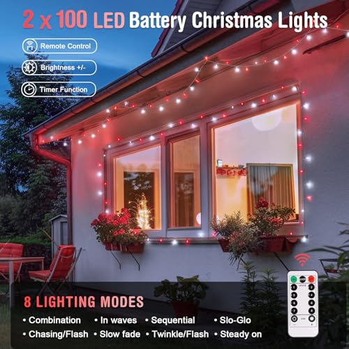 2 Pack Red and White Battery Christmas Lights (100 Count)