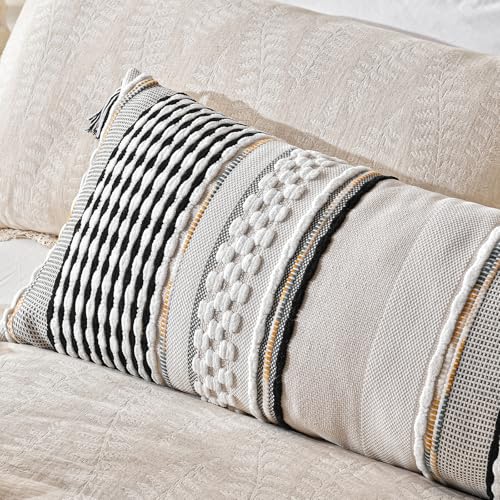 Chenille Striped Textured Boho Throw Pillow Covers Aesthetic with Tassels Woven Decorative Pillow Case for Couch Bed Sofa Bedroom Modern Funky 14 x 36