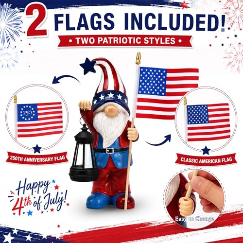 Solar Patriotic Gnomes Statues with Flag for Garden Decor