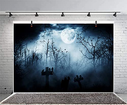 8x6.5ft Spooky Halloween Graveyard Backdrop Foggy Full Moon Horror Scene