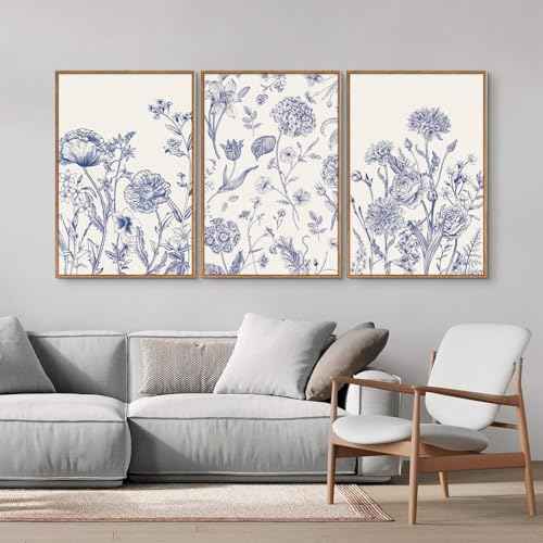 Large Classic Chinoiserie Flower Framed Canvas Wall Art Set (3 Count)