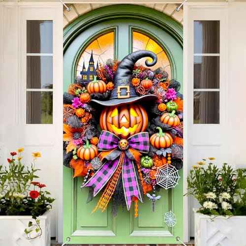 Halloween Door Cover Witch Hat Boo 35x71 Inch Polyester
