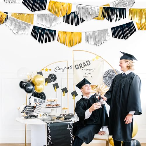 Black Silver Gold Tassel Banner Double Sided Metallic Fabric Pennant Bunting Flag Garland for Graduation Birthday Anniversary Bachelorette Engagement Wedding Bridal Shower Party Decorations Supplies (16.93 Foot)
