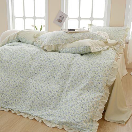 Green Floral Comforter Set Twin XL Romantic Ruffled Comforter Blue Flower Bedding Comforter Set Soft Microfiber Floral Bedding Set Lightweight Fluffy Vintage Botanical Comforter for All