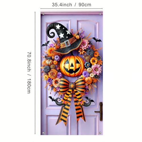 Halloween Witch Pumpkin Door Cover 35x71 Inch Fabric