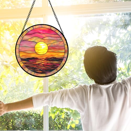 Sunrise Sea Pink Stained Glass Window Hanging Suncatcher Gifts Decor 6.3"