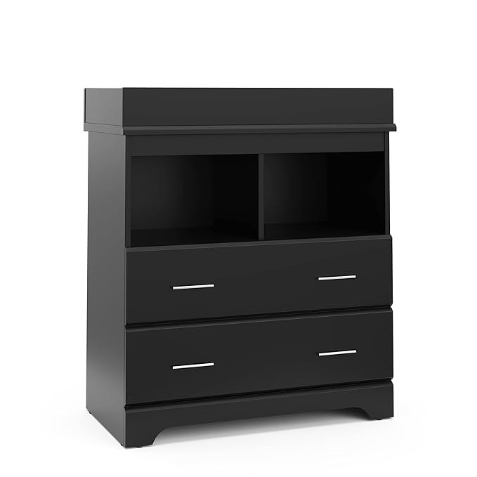 Storkcraft Brookside 2 Drawer Changing Table Dresser (Black) – GREENGUARD Gold Certified Baby Dresser with Changing Table Top, Baby Changing Table Dresser, Includes Interlocking Drawer System