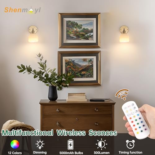 Vintage Battery Operated Wall Sconce with White Tulip Glass Lampshade 5000 mAh Rechargeable Battery Powered Wall Light with Remote Control for Bedside Bedroom Doorway (2 Count)