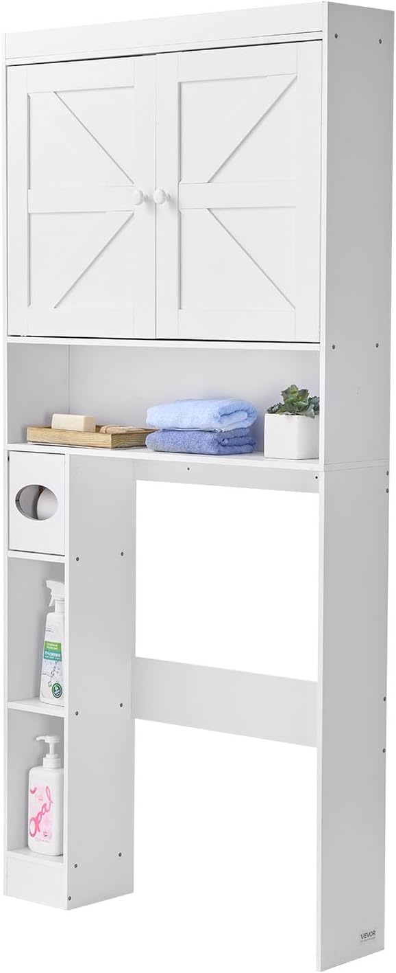 VEVOR Over The Toilet Storage Cabinet, 67.44‘’ Height Bathroom Storage Cabinet Over Toilet with Barn Door and Adjustable Shelf, Bathroom Space-Saving Toilet Rack White Wood with Open Shelf