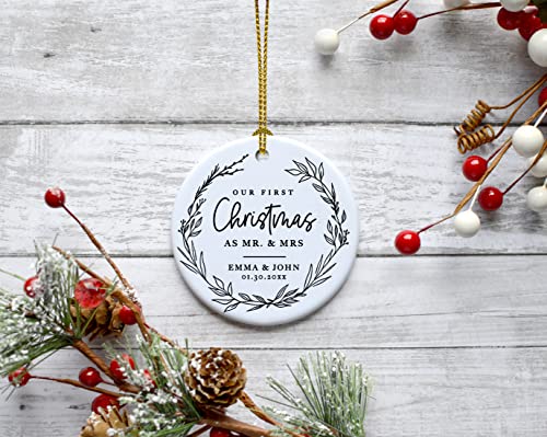 Personalized Our First Christmas As Mr. & Mrs. 2026 Christmas Ornaments Modern Farmhouse Wreath 2.8" Round Porcelain Ceramic 1st Year Married Custom Ornament Keepsake for Newlyweds 1