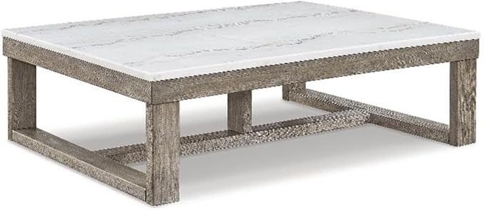 Signature Design by Ashley Loyaska Casual Rectangular Cocktail Table, Natural Marble Top, Oak Veneer, 56" W x 42" D x 16.88" H, White & Light Gray & Brown