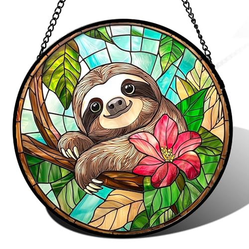 Stained Glass Window Hanging Sloth Flower Suncatcher Gifts for Women 9.8"