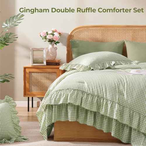 Full Size Comforter Set Green Gingham Ruffle 7 Pieces Bed in a Bag