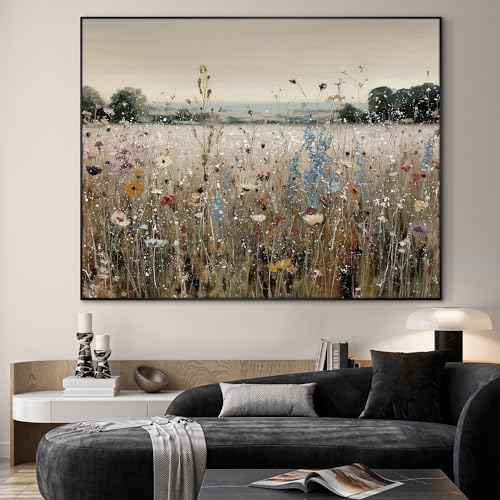36"x46" Extra Large Framed Wall Art Wildflower Meadow Landscape Soft Pastel Field Illustration for Home Living Room Bedroom Decor