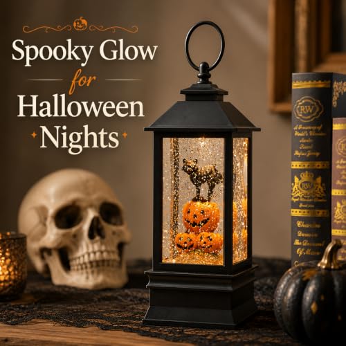 10'' Halloween Snow Globe Lantern Lighted Musical Water Lantern Spooky Pumpkin and Witch' s Black Cat Combo with Swirling Glitter