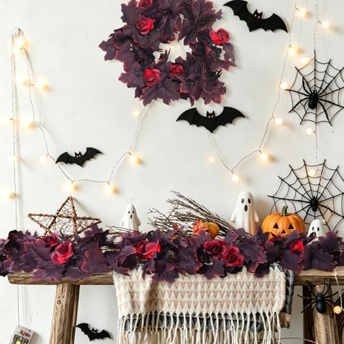 Fall Leaves Garland Hanging Maple Leaf Vines Fake Burgundy Rose (11.4 Foot)