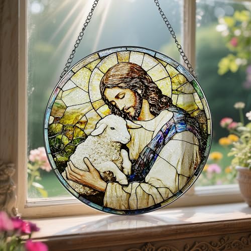 8 Inches Jesus Holding Lamb Painted Stained Glass Suncatcher