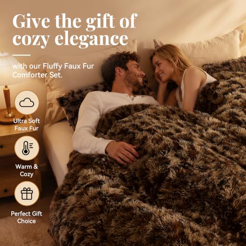 Fluffy King Size Comforter Set Leopard Print Faux Fur Comforter 3Pcs