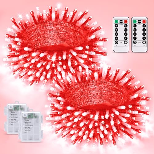 2 Pack Red and White Battery Christmas Lights (100 Count)