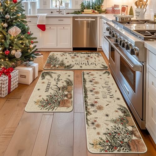 Holly Ornament Merry Christmas Kitchen Mats Set of 2