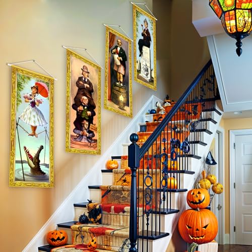 Halloween Decorations Large 4 PCS Haunted Mansion Stretching Portraits Vintage Vinyl Backdrop Decor Outdoor Horror Poster for Indoor Holiday Home Wall Art Wallpaper Hanging Porch Sign Banner Party (4 Count)