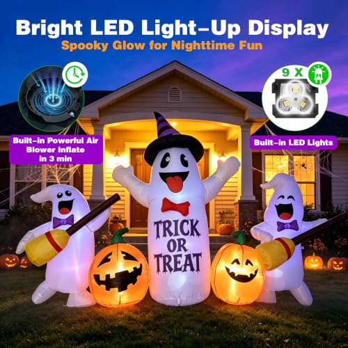 8FT Halloween Inflatable Ghosts with Broom & Pumpkins (Black White)
