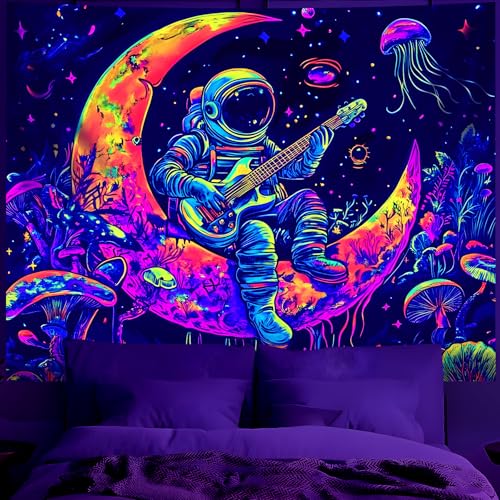 Blacklight Space Astronaut Tapestry UV Reactive Galaxy Planet Glow in Dark Tapestries Black Light Poster Neon Wall Hanging Art for bedroom Living Room
