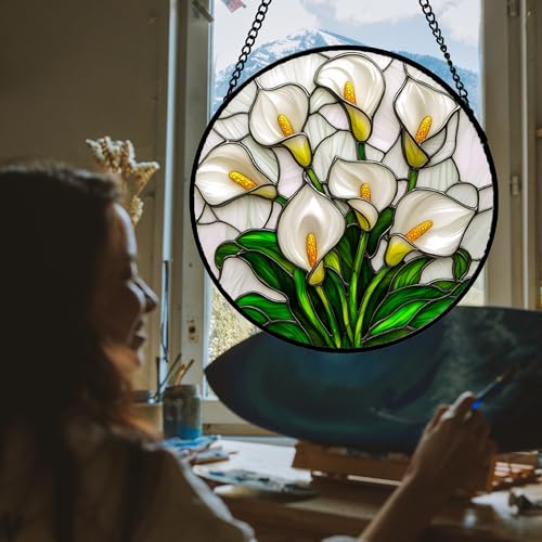 White Calla Lily Bouquet Stained Glass Window Hanging Suncatcher Gifts 15"
