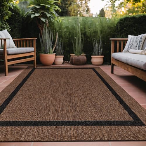 Bordered Outdoor Rug 9x12 Washable Outside Carpet for Indoor Patio Porch Waterproof Easy Cleaning Non Shedding Area Rugs Nut Brown