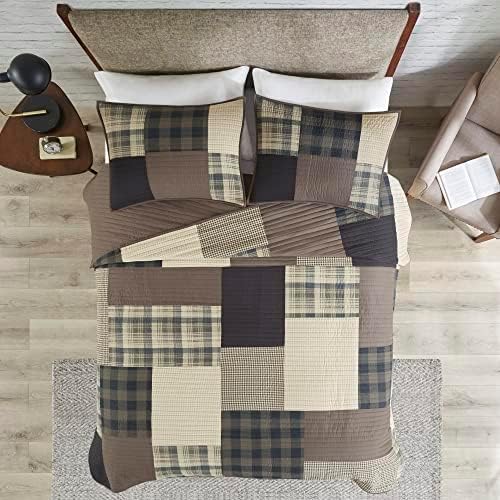 Woolrich Winter Hills Reversible Quilt Set - Cottage Styling Reversed to Solid Color, All Season Lightweight Coverlet, Cozy Bedding Layer, Matching Shams, Oversized King/Cal King, Plaid Tan 3 Piece