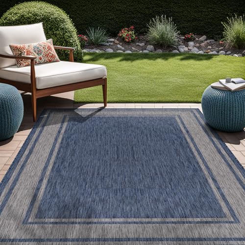 Outdoor Rug 6x9 Modern Bordered Area Rugs for Indoor and Outdoor Patio Deck Porch Garden Waterproof Weather Sun Resistant Washable Outside Carpet (58.5 Sq Ft)