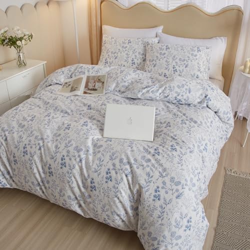 Vintage Flower Comforter Set King Blue Floral Bedding Comforter Cottagecore Flower Botanical Comforter Set Fluffy Soft Coquette Bedding King Size Lightweight Boho Floral Comforter with 2 Pillowcases (3 Piece Set)