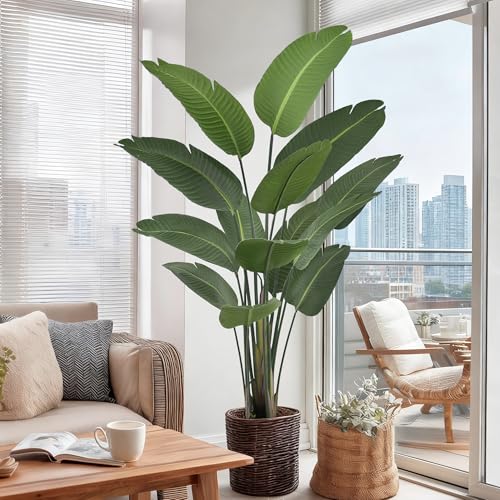 Artificial Bird of Paradise Tree 6FT 13 Thick Matte Texture Leaves Tall Large Fake Faux Tropical Traveler's Palm Banana Leaf Plant 72 Inch Black Pot for Indoor Home Office Poolside Decor