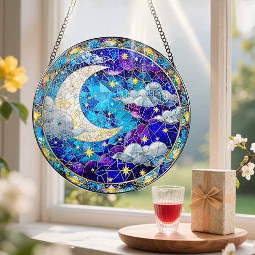 8 Inch Moon and Star Stained Glass Ornament