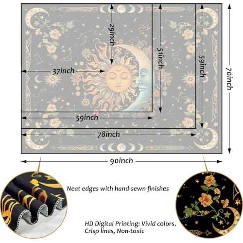 Sun and Moon Tapestry Astrology Space Wall Hanging Boho Hippie Floral Plant Tapestries Aesthetic Vintage Mandala Flower Decor for Living Room Bedroom