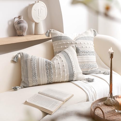 Gray Boho Decorative Throw Pillow Cover 22x22 Square Farmhouse Accent Cushion for Couch Sofa Livingroom Bedroom Pillowcase Modern Home Décor