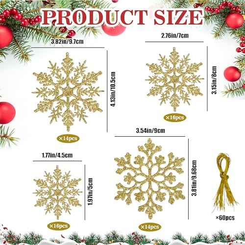 60pcs Christmas Gold Snowflake Ornaments Plastic Glitter Snow Flakes Ornaments for Winter Christmas Tree Decorations Size Varies Craft Snowflakes (60 Count)