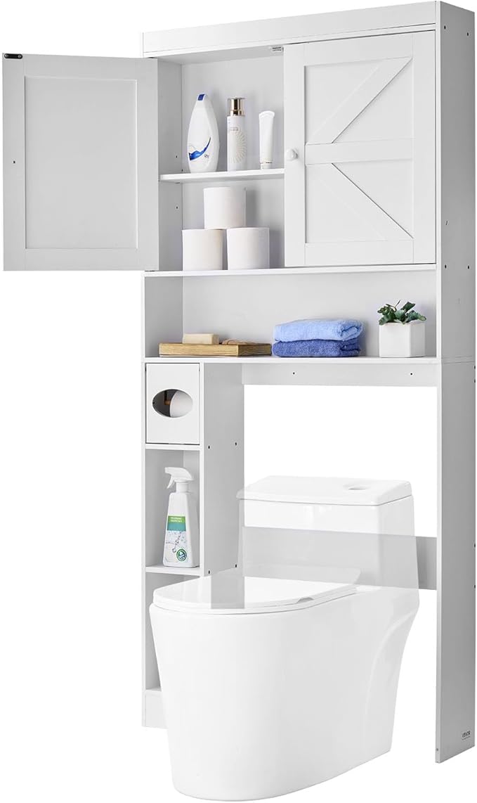 VEVOR Over The Toilet Storage Cabinet, 67.44‘’ Height Bathroom Storage Cabinet Over Toilet with Barn Door and Adjustable Shelf, Bathroom Space-Saving Toilet Rack White Wood with Open Shelf