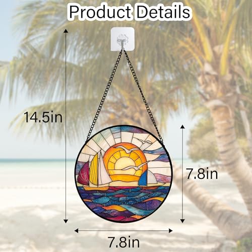 Sunset Sailboat Stained Glass Window Hanging Suncatcher Gifts Decor 7.8"