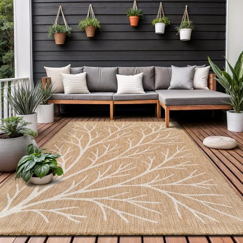 Washable Indoor Outdoor Rug 9x12 Modern Area Rugs Branch Pattern Non Shedding Waterproof Easy Clean Patio Deck Porch Living Room Bedroom Garden RV (108 Sq Ft)