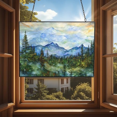 Customized Rectangle Moutain Landscape Stained Glass Window Hanging