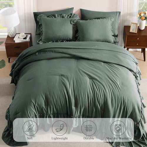 Full Size Comforter Set Forest Green Ruffle 7 Pieces Farmhouse Bed in a Bag