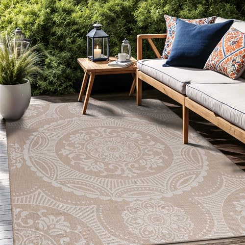Medallion Outdoor Rug 8x10 Washable Outside Carpet for Indoor Patio Porch Waterproof Easy Cleaning Non Shedding Area Rugs Beige 8 x 10