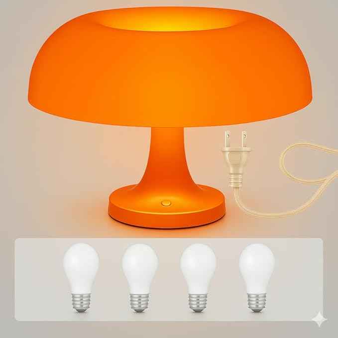 Orange Mushroom Lamp with 4 Replacable Bulbs– Retro Mid-Century Modern Mushroom Light for Bedroom, Nightstand or Desk