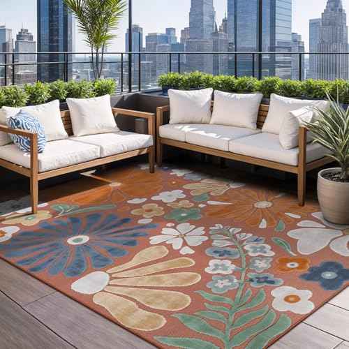 Outdoor Rug 9x12 Large Modern Floral Tropical Area Rugs for Outdoor and Indoor Patio Easy to Clean Non Shedding Living Room Porch Garden Washable Outside Carpet (108 Sq Ft)