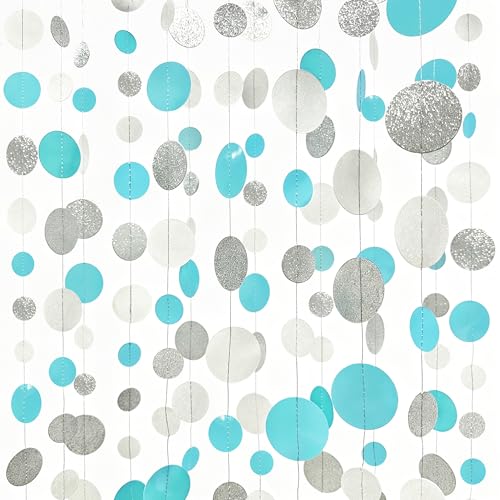 Teal Blue Silver White Party Polka Dot Garland Banner Aqua Turquoise Glitter Silver White Hanging Paper Circle Dots Streamer for Birthday Wedding Bridal Shower Party Decorations Supplies