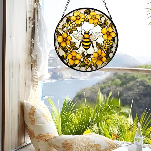 Bee Wreath Stained Glass Window Hanging Suncatcher Gifts for Women 6.3"