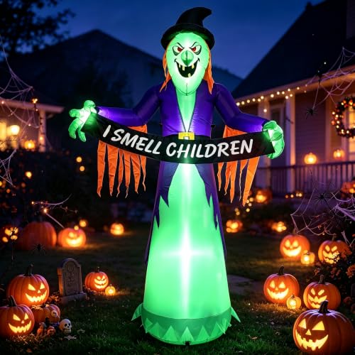 8FT Halloween Inflatable Witch Decorations for Outdoor Yard with LED Lights (Greenish Purple)